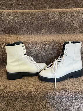 All Saints Cream Lace-Up Combat Boots with Black Sole